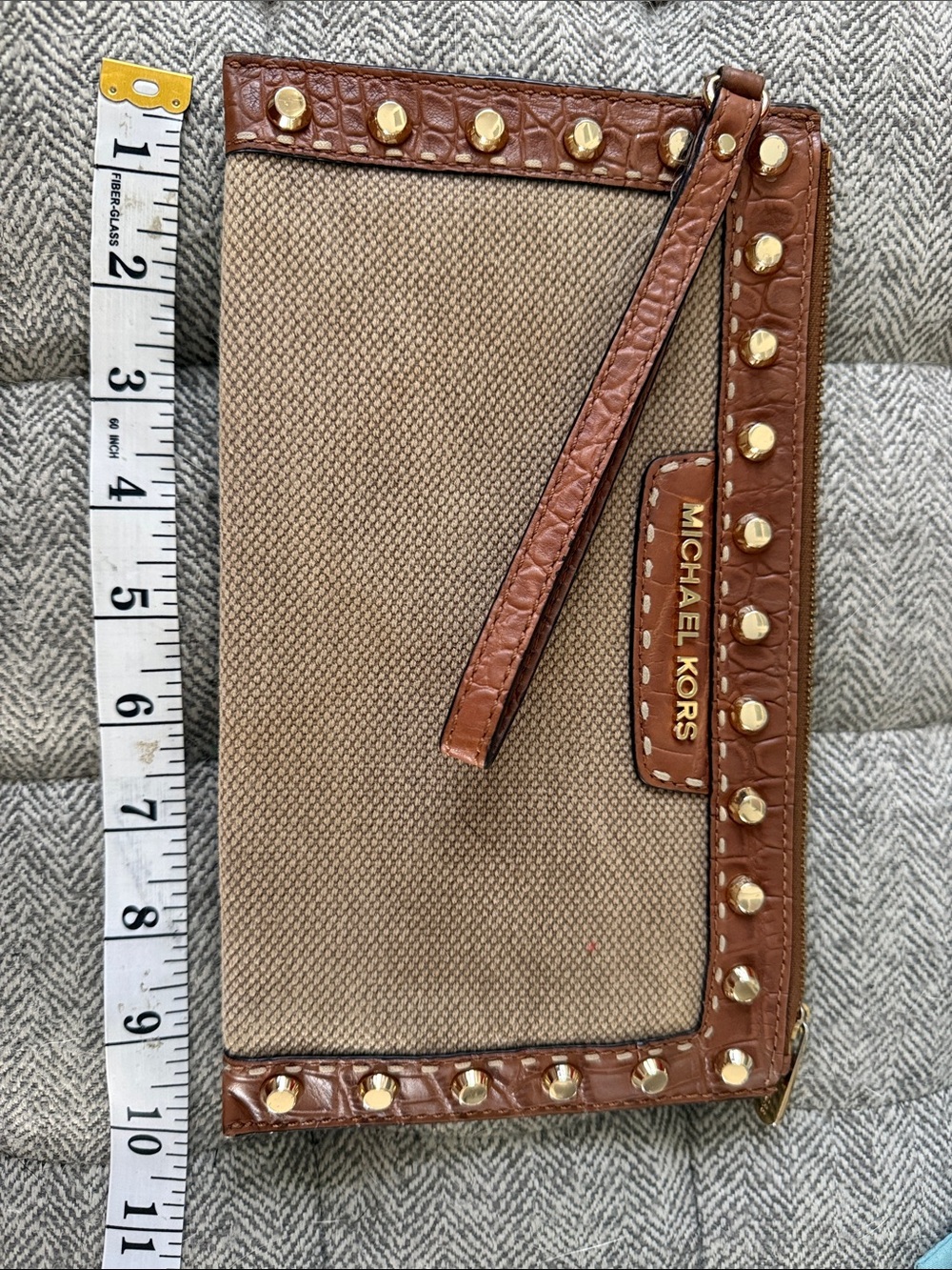 Michael Kors Tan Canvas Wristlet with Brown Leather Trim and Gold Studs